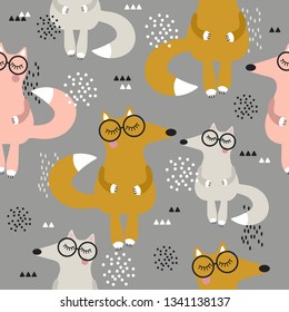 Happy foxes in glasses, hand drawn backdrop. Colorful seamless pattern with animals. Decorative cute wallpaper, good for printing. Overlapping background vector. Design illustration
