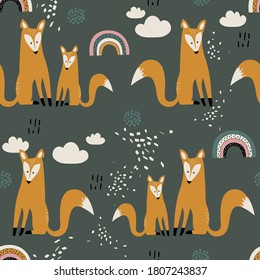 Happy foxes, hand drawn backdrop. Colorful seamless pattern with animals, sky. Decorative cute wallpaper, good for printing. Overlapping background vector