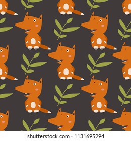 Happy foxes, leaves, hand drawn backdrop. Colorful seamless pattern with animals. Decorative cute wallpaper, good for printing. Overlapping background vector. Design illustration