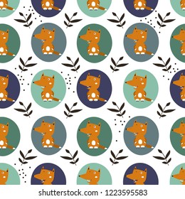 Happy foxes, leaves, hand drawn backdrop. Colorful seamless pattern with animals. Decorative cute wallpaper, good for printing. Overlapping background vector. Design illustration