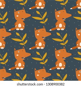 Happy foxes, leaves, hand drawn backdrop. Colorful seamless pattern with animals. Decorative cute wallpaper, good for printing. Overlapping background vector. Design illustration