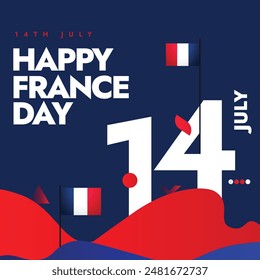 Happy France day. 14th July National France day also known as Bastille Day celebration banner with its flags and 14 written in big font. The day is a symbol of history and unity of country .