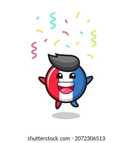 happy france flag badge mascot jumping for congratulation with colour confetti , cute style design for t shirt, sticker, logo element