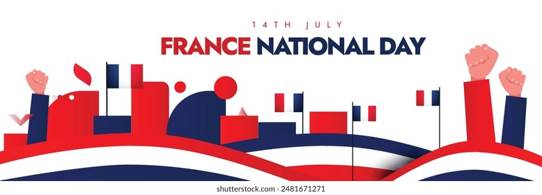 Happy France National day. 14th July Happy France Day known as Bastille Day celebration cover banner, social media post with its flag, abstract art design in its flag colour, fist bumps in air. 