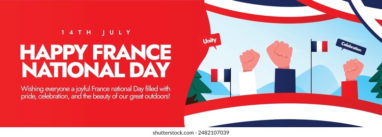 Happy France National day. 14th July Happy France Day known as Bastille Day celebration cover banner, post with its flag, abstract art design in its flag colour, fist bumps in air as symbol of unity.