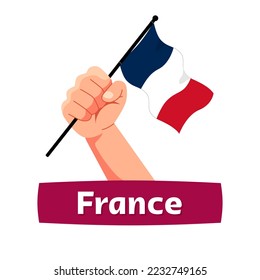 Happy France National Day July 14th Bastille Day Celebration Vector Design. Hand Holding France Waving Flag Illustration. Template for Poster, Banner, Advertising, Greeting Card, Football Supporter