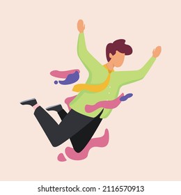 Happy free boy flying, floating and jumping in air. Concept of freedom. Vector colorful illustration.