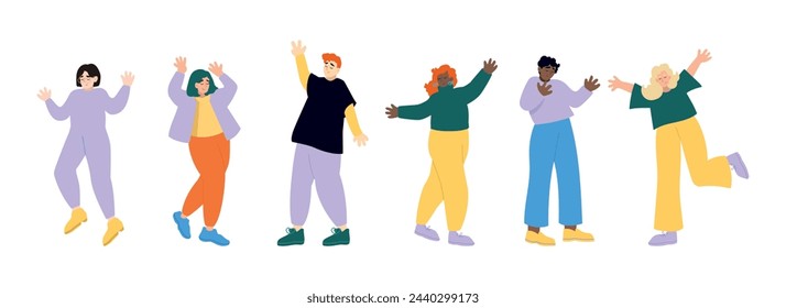 Happy free diverse party people dancing and jumping in air. Concept of freedom, happiness and aspirations. Colored flat vector illustration isolated on simple background