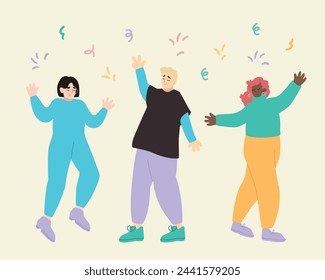 Happy free diverse party people dancing and jumping in air. Concept of freedom, happiness and aspirations. Colored flat vector illustration isolated on simple background