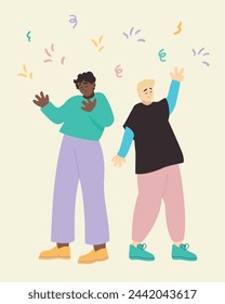 Happy free diverse party people dancing and jumping in air. Concept of freedom, happiness and aspirations. Colored flat vector illustration isolated on simple background