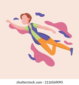 Happy free girl flying, floating and jumping in air. Concept of freedom. Vector colorful illustration.