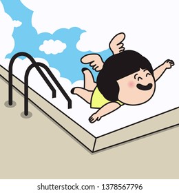 Happy Free Girl With Wings Doing A Skydiving In A Swimming Pool. Concept Card Character illustration