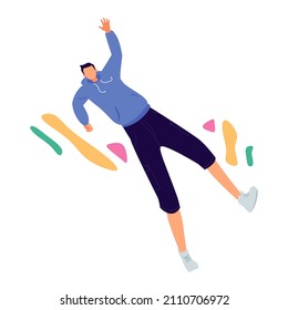 Happy free man is flying in the air. The concept of freedom, development and aspiration. The man moves forward. Colored flat vector illustration isolated on white background.