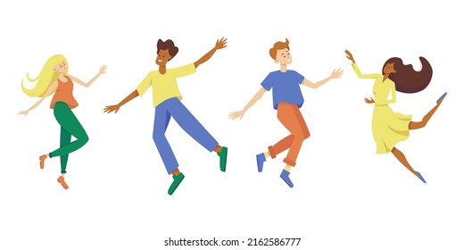 Happy free people flying, floating and jumping in air. Concept of freedom, development and aspirations. Men and women moving forward. Colored flat vector illustration isolated on white background.