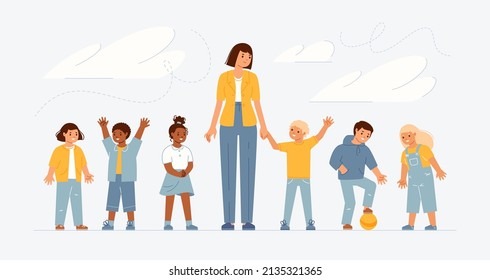 Сoncept of happy, free, safe childhood. Children, accompanied by teacher, play ball on street, communicate, laugh, make friends. Flat cartoon vector illustration.