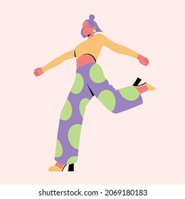 Feliz mujer libre flotando y saltando al aire. Concepto de libertad, felicidad y aspiraciones. Mujer de moda, feliz avanzando. Ilustración vectorial plana de color aislada en fondo blanco.