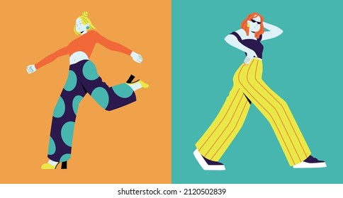 Happy free woman floating and jumping in air. Concept of freedom, happiness and aspirations. Fashion woman happy moving forward. Colored flat vector illustration isolated on white background.