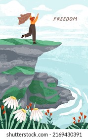 Happy free woman on top of mountain cliff with view on sea, ocean. Freedom card design with nature peace, summer landscape and carefree person enjoying seaside. Colored flat vector illustration