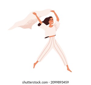 Happy free woman rejoicing. Excited person holding fluttering cloth in hands, playing with wind for fun and joy. Freedom and inspiration concept. Flat vector illustration isolated on white background