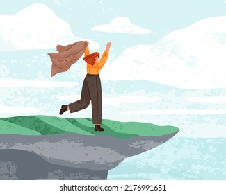 Happy free woman rejoicing top  edge mountain cliff  Person gesturing arms up  feeling independent  looking at sea view landscape  Freedom  unity and nature concept  Flat vector illustration