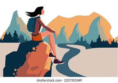 Happy free woman rejoicing on top, edge of mountain cliff. Person gesturing arms up, feeling independent, looking at sea view landscape. Freedom, unity with nature concept. Flat vector illustration