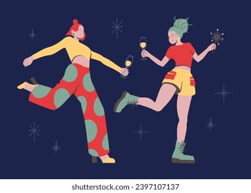 Happy free women with wine glasses and sparklers celebration Christmas and New Year. Concept of celebrating holidays together. Colored flat vector illustration isolated on dark background.