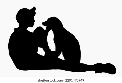 Happy and free young boy with his lovely puppy silhouettes vector illustration