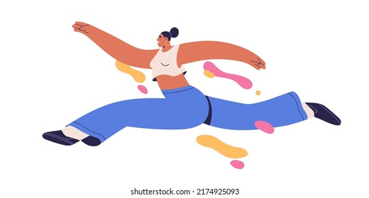 Happy free young woman flying, jumping with energy and enthusiasm. Carefree girl floating in air, feeling freedom, joy and inspiration. Flat graphic vector illustration isolated on white background