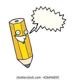 happy freehand drawn speech bubble cartoon pencil