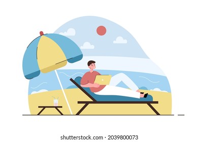 Happy freelance man working on sea beach with laptop. Self-employment, vacation and digital technology concept. Modern flat vector illustration