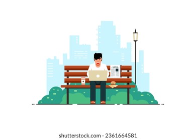 Happy freelance work concept, Cartoon man typing laptop with coffee mug, burger, newspaper on bench outdoor park, Digital marketing illustration.
