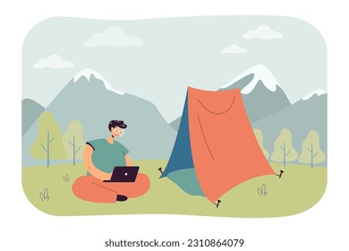 Happy freelance worker with laptop next to tent at camping site. Man working remotely while on trip vector illustration. Remote work, freelancing, camping, technology concept