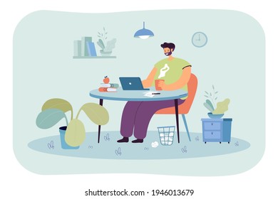 Happy freelance worker sitting at table. Man working from home at laptop, remote work flat vector illustration. Work from home, freelance concept for banner, website design or landing web page