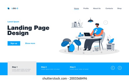 Happy freelance worker sitting at table. Man working from home at laptop, remote work flat vector illustration. Work from home, freelance concept for banner, website design or landing web page