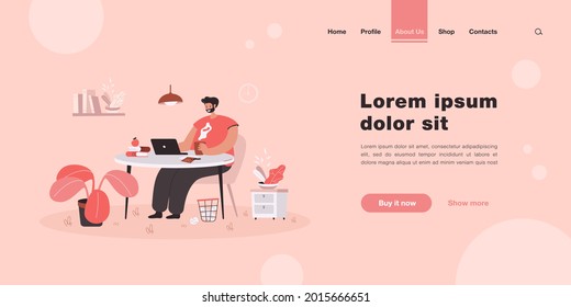 Feliz trabajador independiente sentado en la mesa. Hombre trabajando desde casa en una laptop, trabajo remoto e ilustración vectorial plana. Trabajo desde casa, concepto independiente para banner, diseño de sitio web o página web de aterrizaje