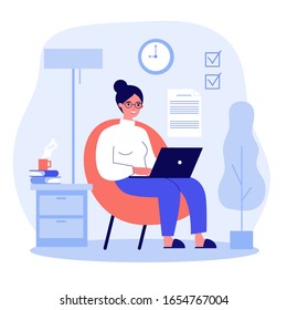 Happy freelance worker working with laptop at home. Woman sitting in armchair, using computer. Vector illustration for freelancer, morning, planning, routine concept