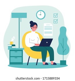 Happy freelance worker working with laptop at home. Woman sitting in armchair, using computer. Vector illustration for freelancer, morning, planning, routine concept