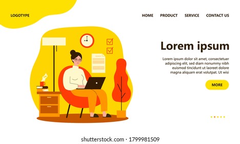 Happy freelance worker working with laptop at home. Woman sitting in armchair, using computer. Vector illustration for freelancer, morning, planning, routine concept