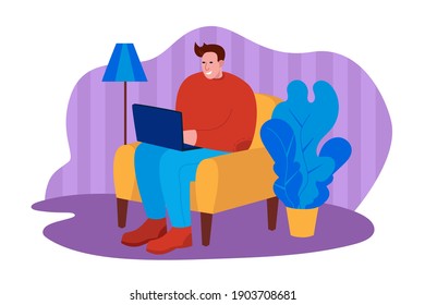 Happy freelance worker working with laptop at home. Vector illustration in flat style