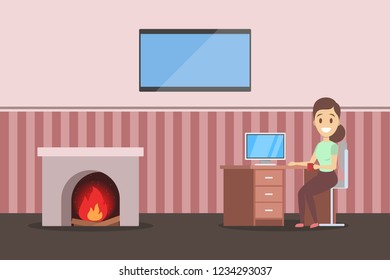 Happy freelancer character working at home on computer. Woman sitting at the desk. Freelance designer. Independence and freedom. Vector flat illustration