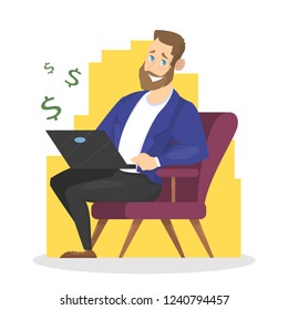 Happy freelancer character working at home on laptop. Man sitting on the couch and get money from computer. Independence and freedom. Vector flat illustration