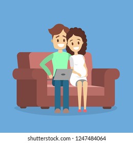 Happy freelancer character working at home on laptop. Man sitting on the couch and hug his wife. Freelance designer. Independence and freedom. Vector flat illustration