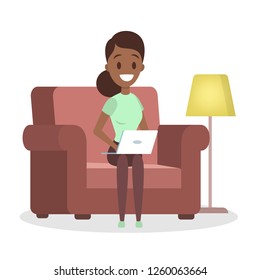 Happy freelancer character working at home on laptop. Woman sitting in the armchair. Freelance designer. Independence and freedom. Vector flat illustration