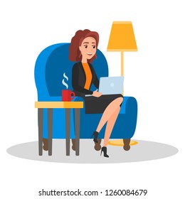 Happy freelancer character working at home on laptop. Woman sitting in the armchair. Freelance designer. Independence and freedom. Vector flat illustration