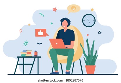 Happy freelancer with computer at home. Young man sitting in armchair and using laptop, chatting online and smiling. Vector illustration for distance work, online learning, freelance concept
