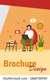 Happy freelancer with computer at home. Young man sitting in armchair and using laptop, chatting online and smiling. Vector illustration for distance work, online learning, freelance concept