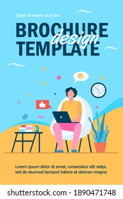 Happy freelancer with computer at home. Young man sitting in armchair and using laptop, chatting online and smiling. Vector illustration for distance work, online learning, freelance concept 