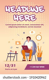Happy freelancer with computer at home. Young man sitting in armchair and using laptop, chatting online and smiling. Vector illustration for distance work, online learning, freelance concept