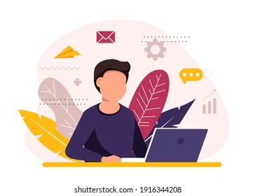 Happy freelancer with computer at home. young man sitting in armchair and using laptop, chatting online and smiling. vector illustration for distance work, online learning, freelance.