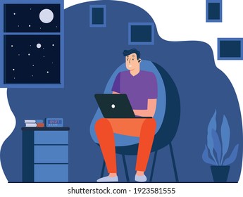 Happy freelancer with computer at home. Young man sitting in armchair and using laptop, chatting online and smiling. Vector illustration for distance work, online learning, freelance concept 